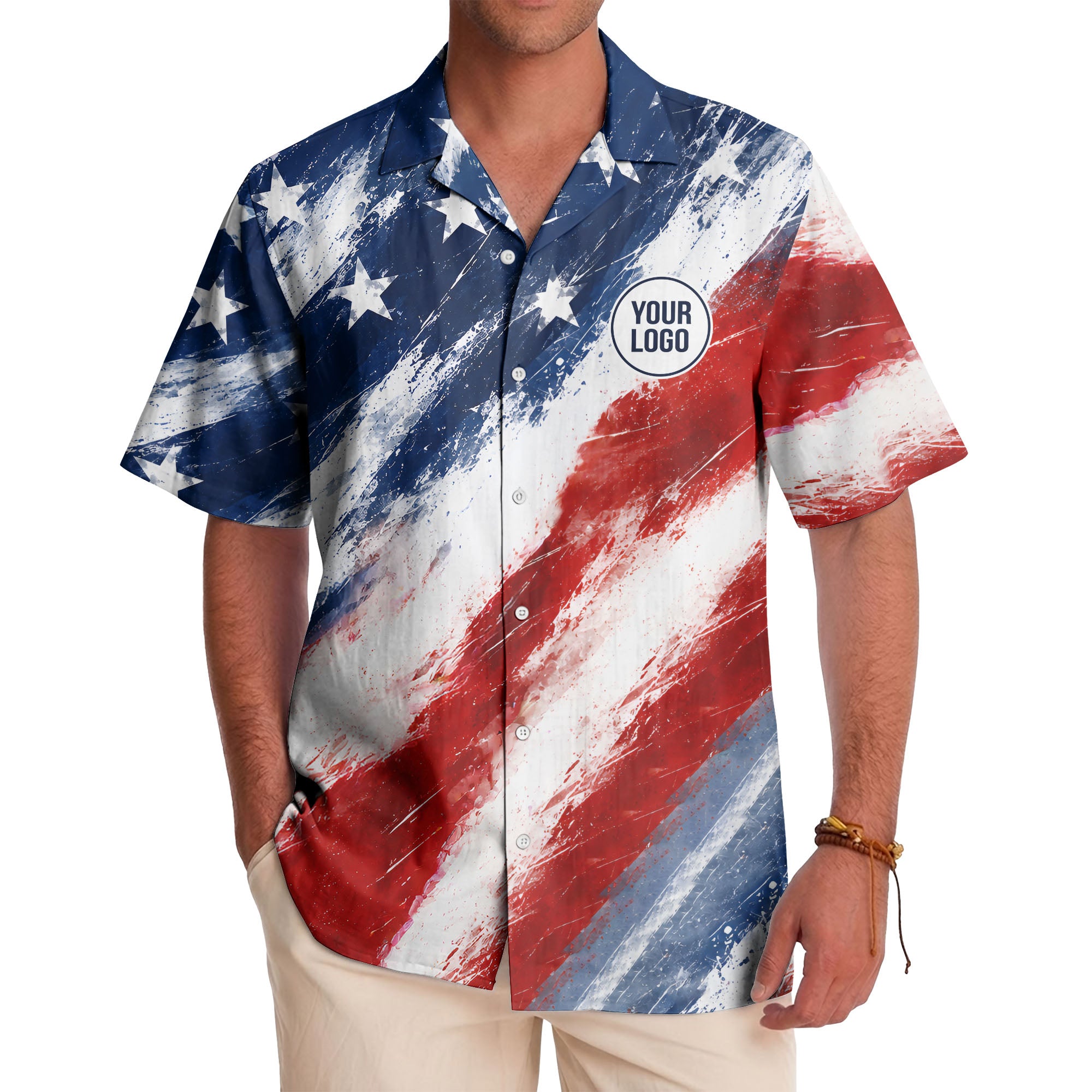 watercolor stars & stripes diagonal brushstroke patriotic hawaiian shirt