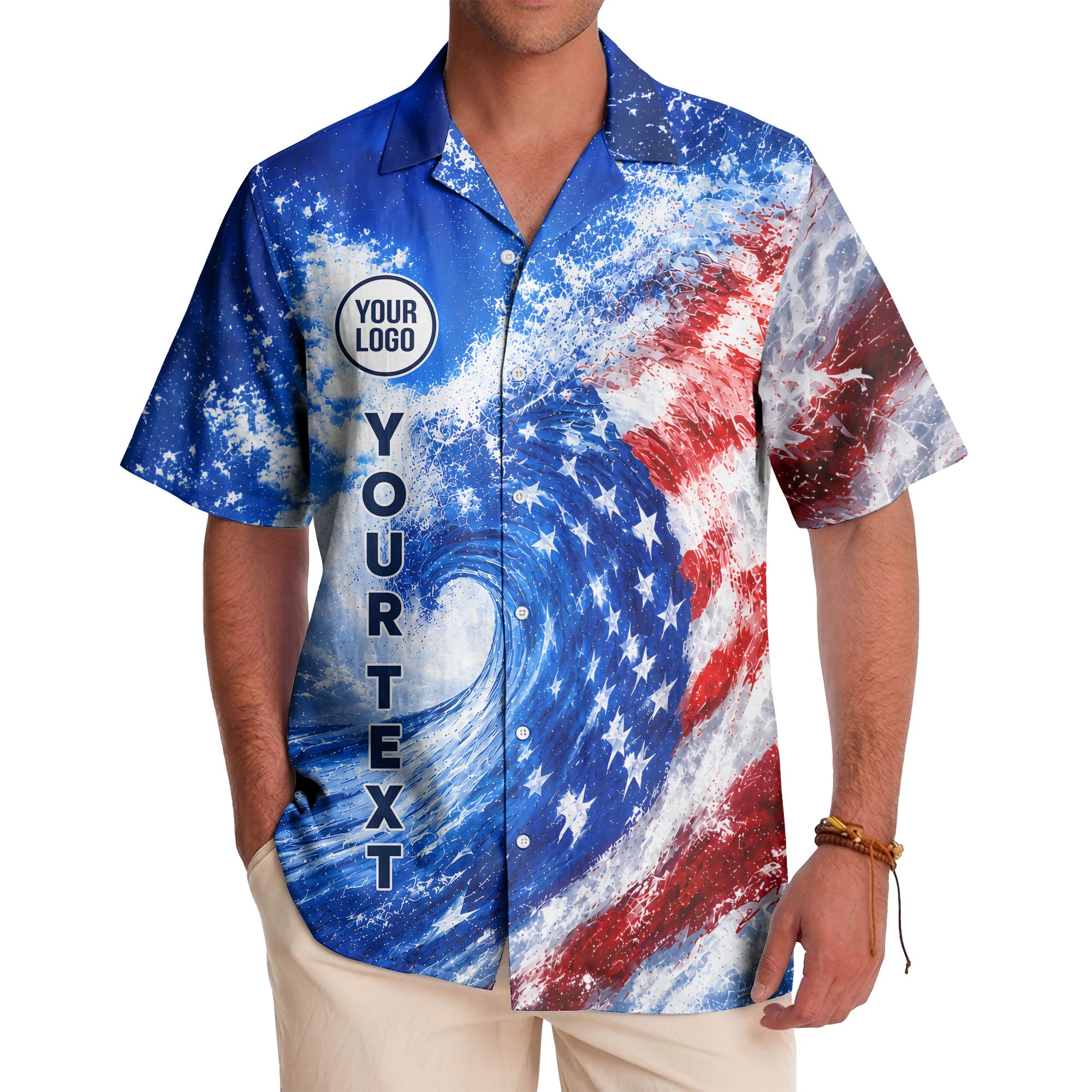 watercolor stars & stripes wave patriotic hawaiian shirt