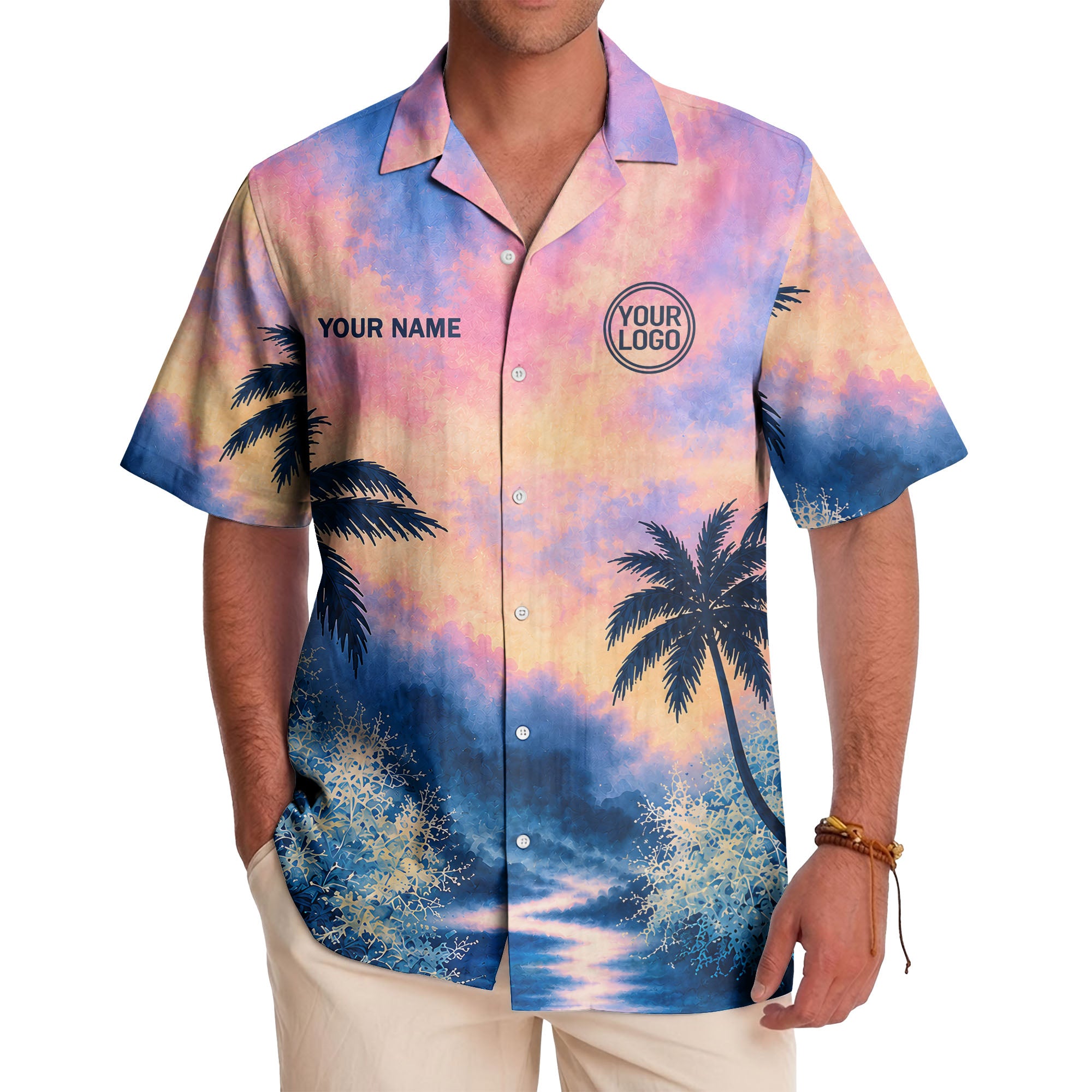 watercolor sunset palm trees coral reef navy hawaiian shirt