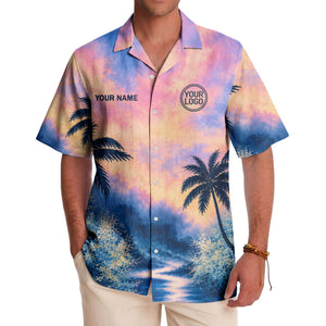 watercolor sunset palm trees coral reef navy hawaiian shirt