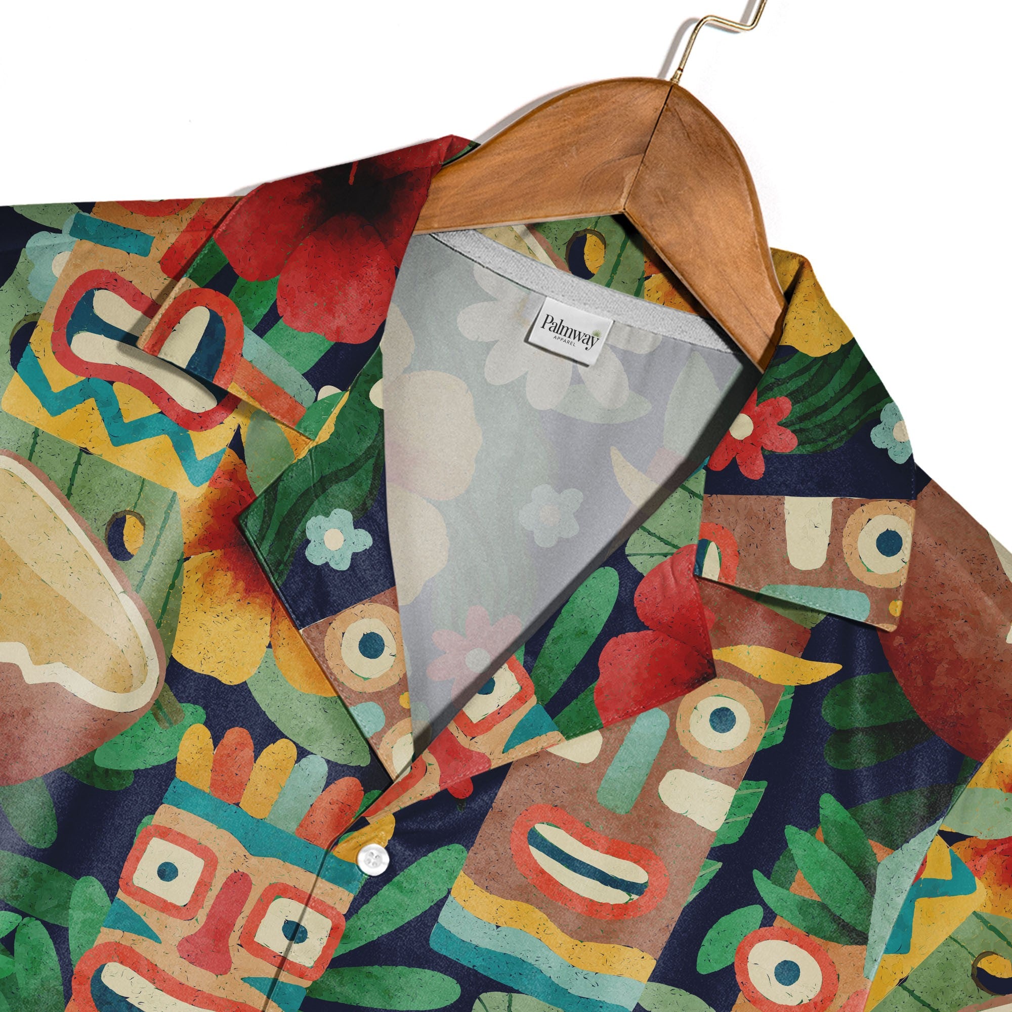 Watercolor Tiki Mask Hawaiian Shirt with Coconuts on Navy Blue