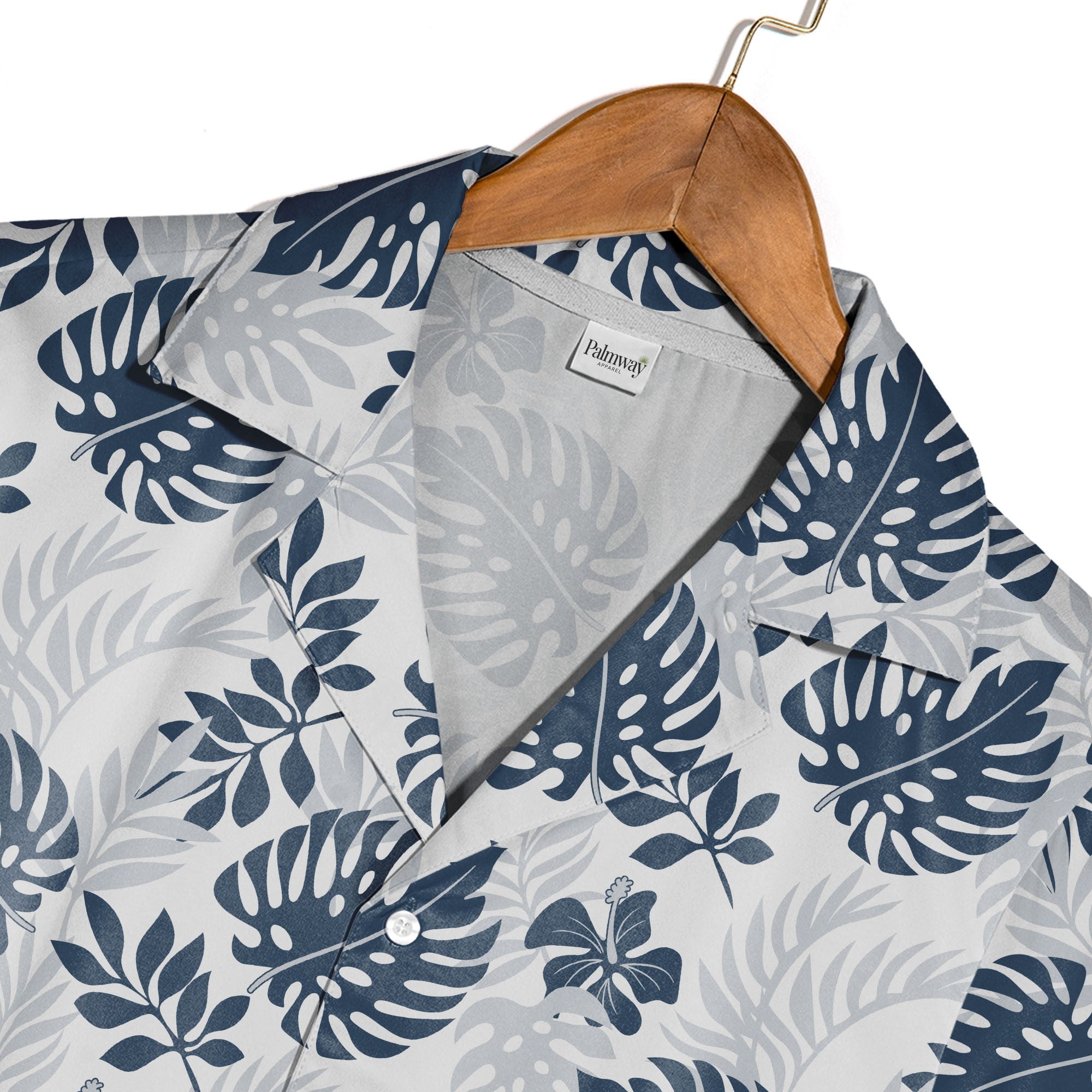 White Calm Elegant Monstera Hawaiian Shirt with Navy Blue Hibiscus Silhouettes