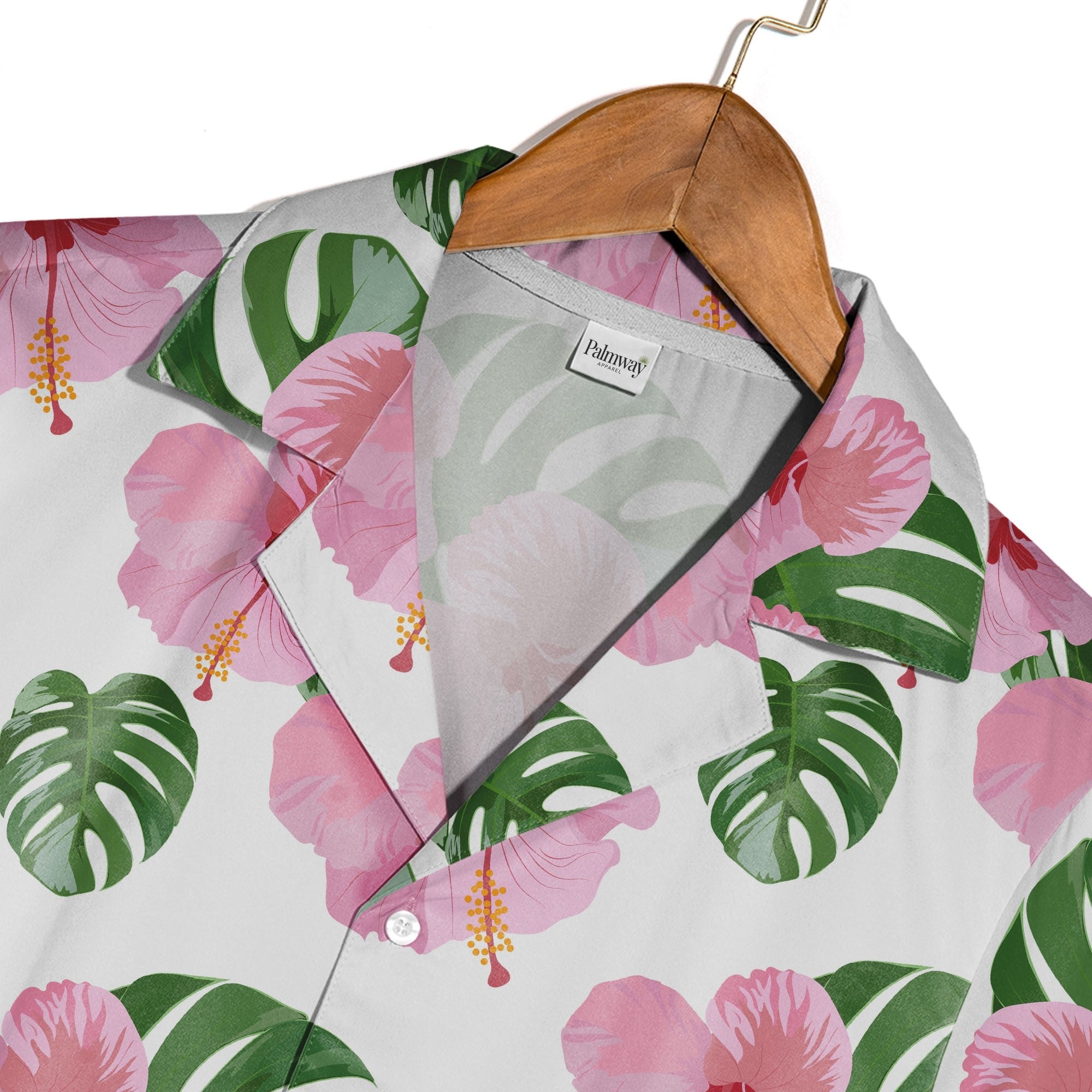 White Elegant Pink Rose Hibiscus Hawaiian Shirt with Fresh Monstera Leaves
