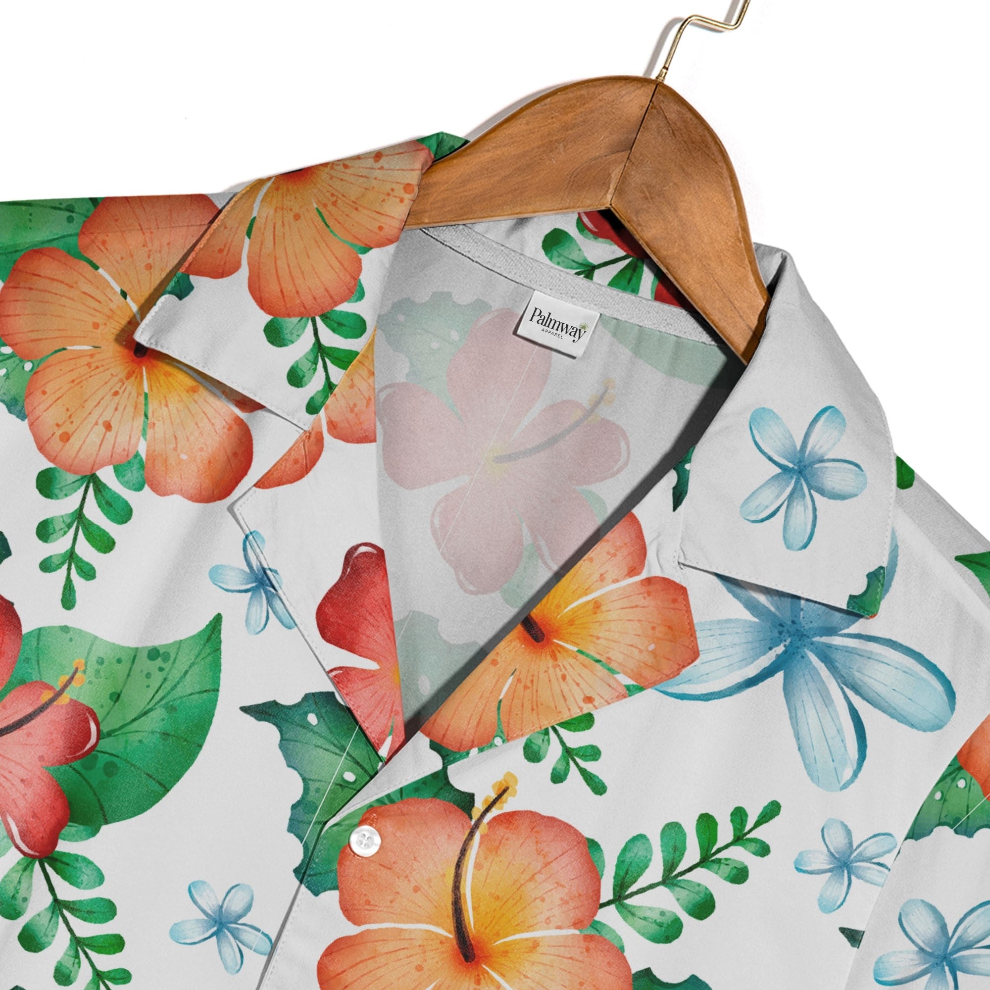 White Watercolor Hibiscus Hawaiian Shirt with Blue Plumeria and Tropical Leaves