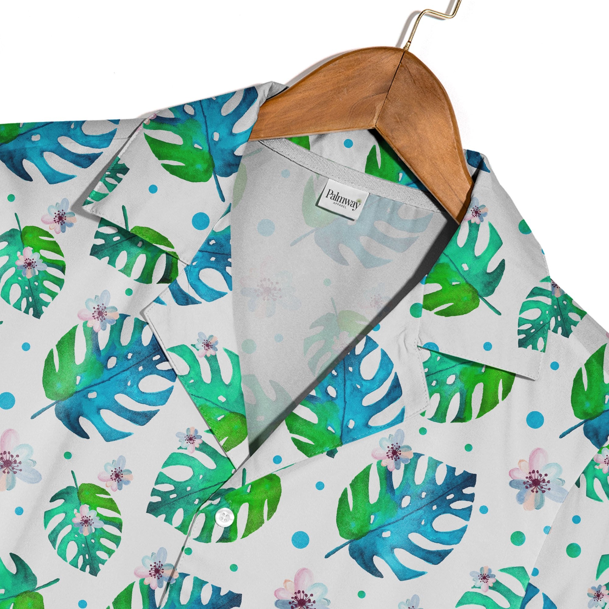 White Watercolor Monstera Hawaiian Shirt with Pink Blue Gradient Flowers