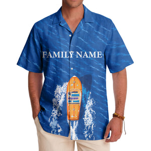 wooden speedboat racing navy blue ocean waves hawaiian shirt