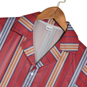 Woven Fabric Texture Stripe Hawaiian Shirt Red White Blue Orange