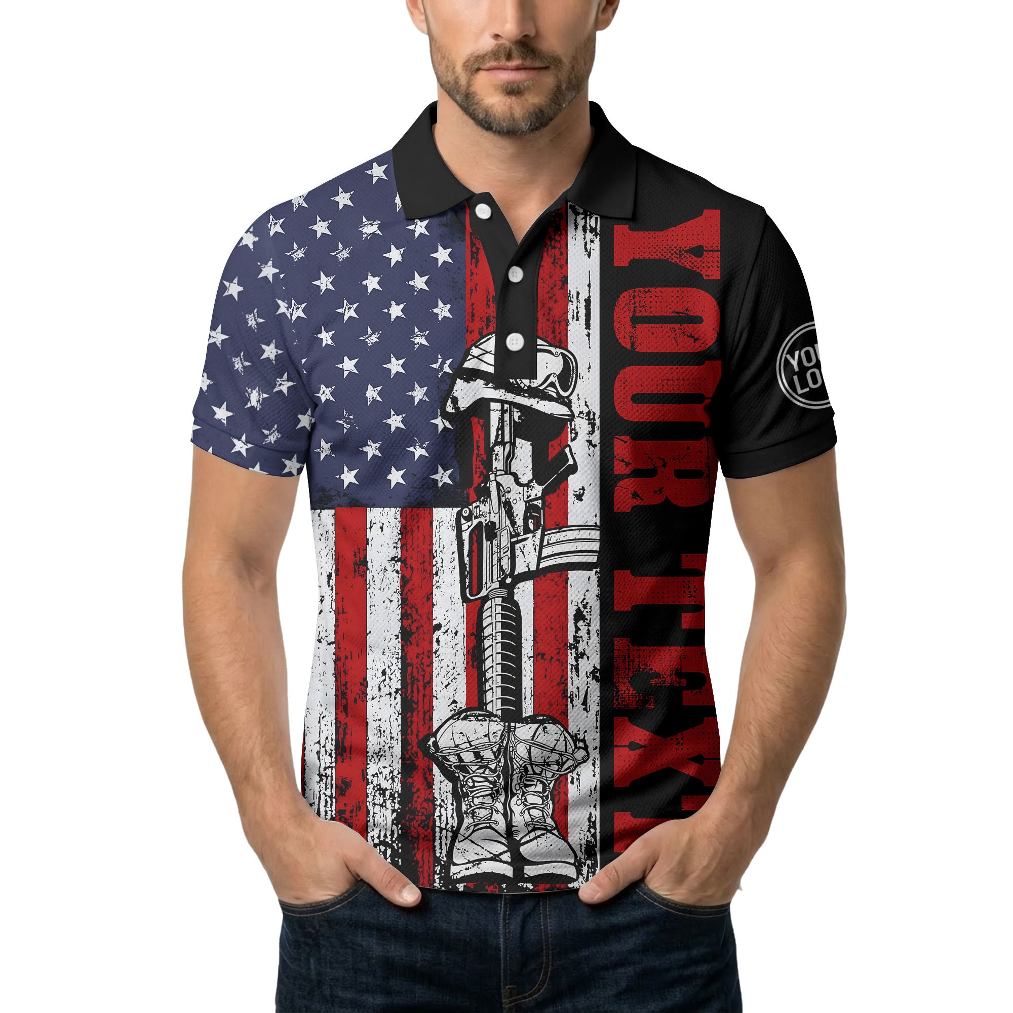 american flag military helmet combat boots polo shirt for men