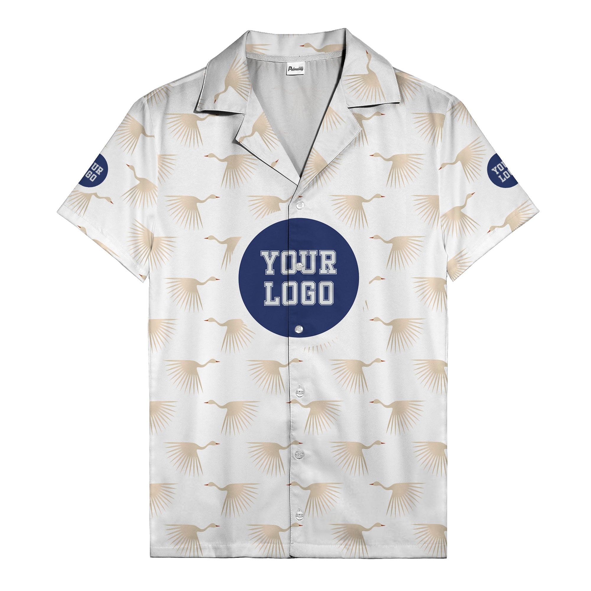 art deco crane silhouette logo beige navy hawaiian shirt