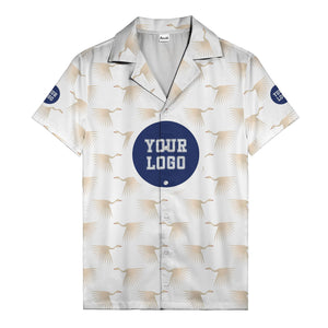 art deco crane silhouette logo beige navy hawaiian shirt