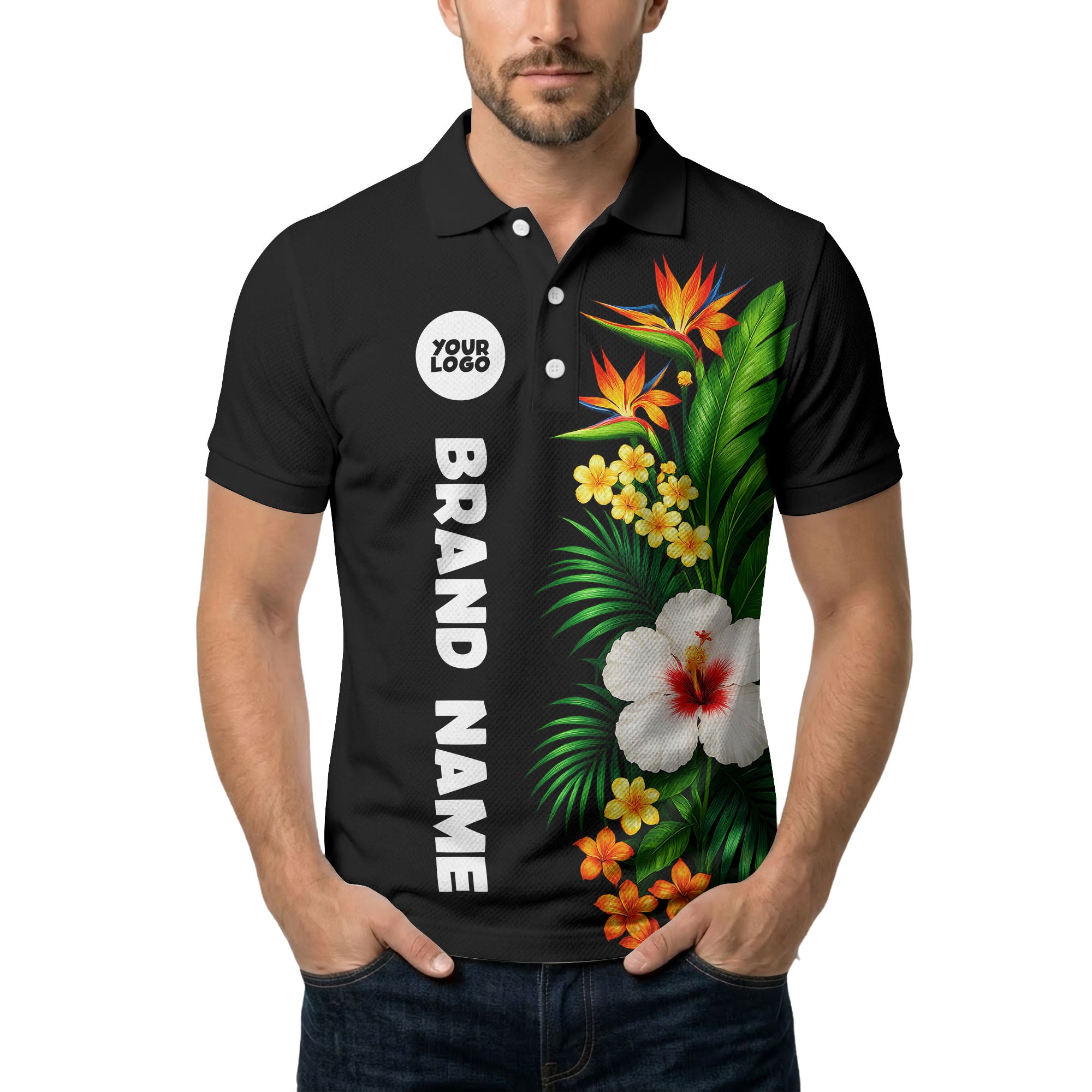 bird of paradise & hibiscus floral polo shirt for men