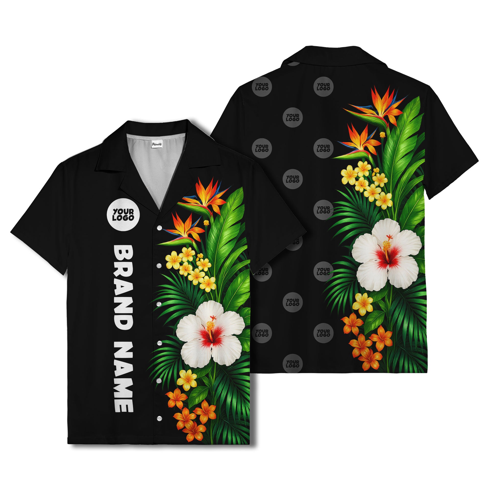 bird of paradise & hibiscus hawaiian shirt with palm leaves