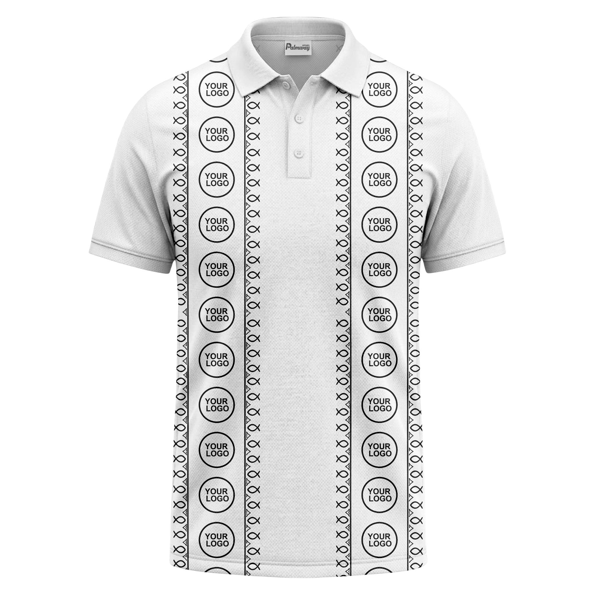 black white fish symbol repeat pattern golf polo shirt