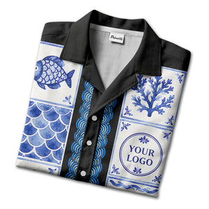 blue ceramic tile mosaic fish crab coral watercolor oceanic hawaiian shirt