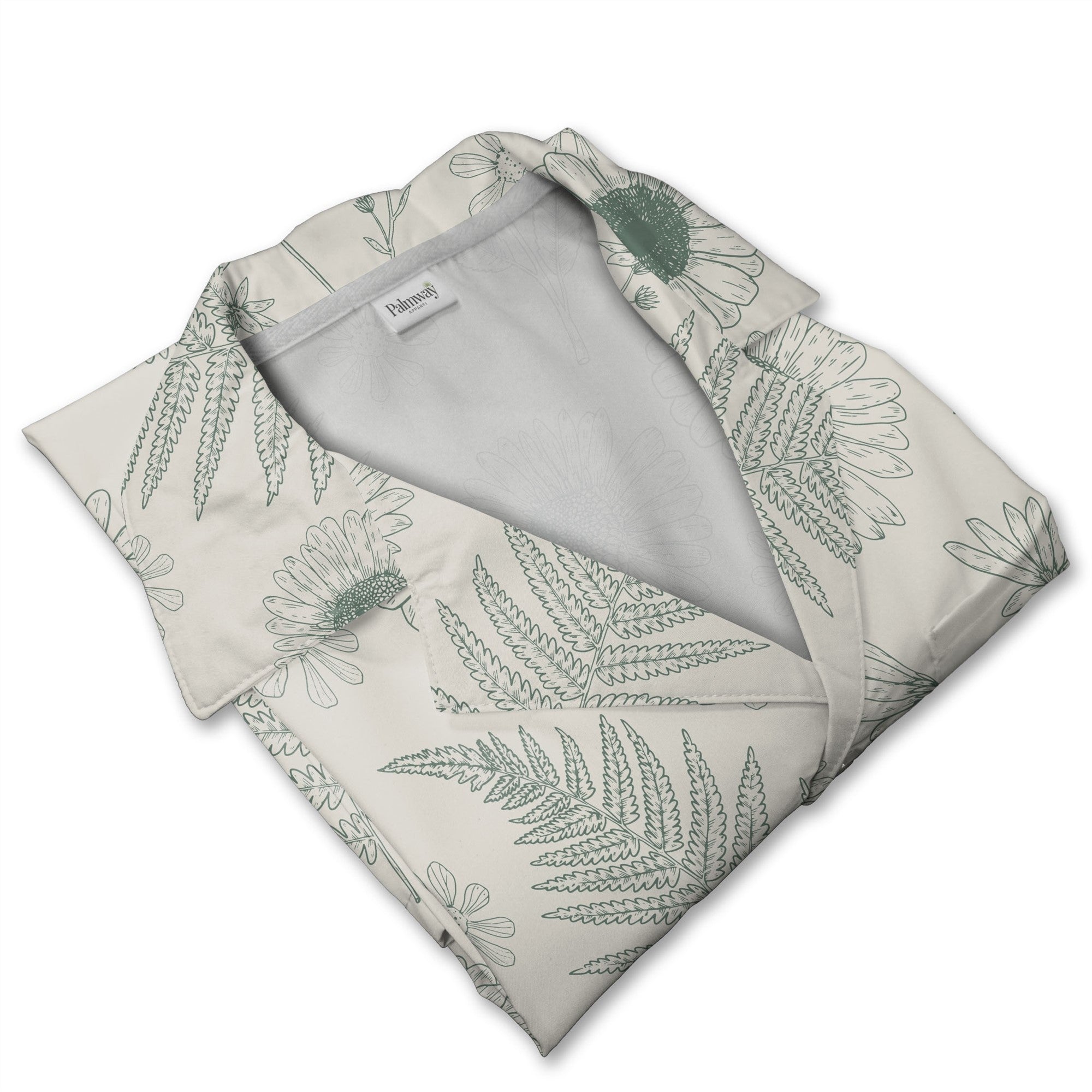 Botanical Line Art Fern and Wildflower Hawaiian Shirt in Sage Green