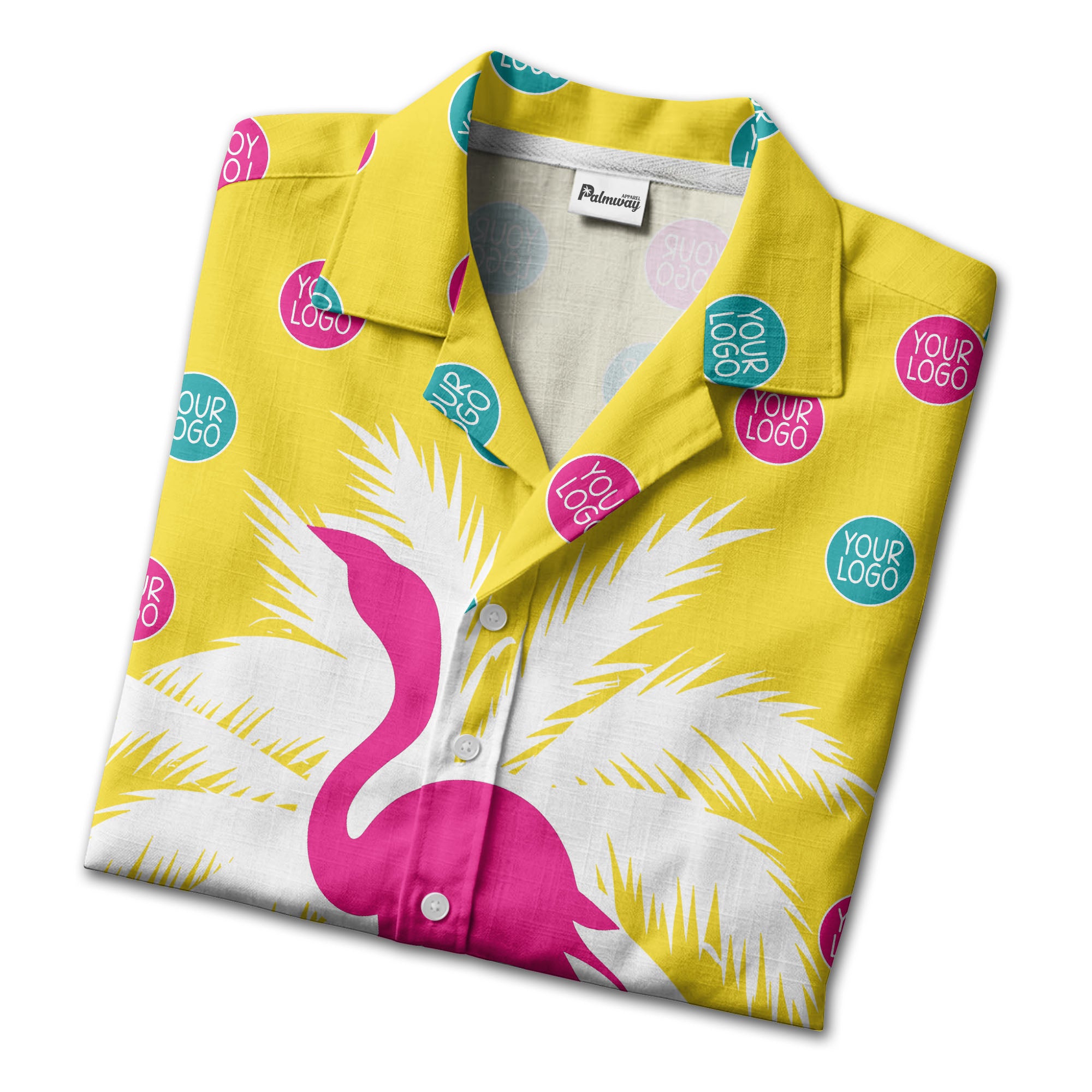 bright yellow flamingo on palm tree hawaiian shirt with custom logos