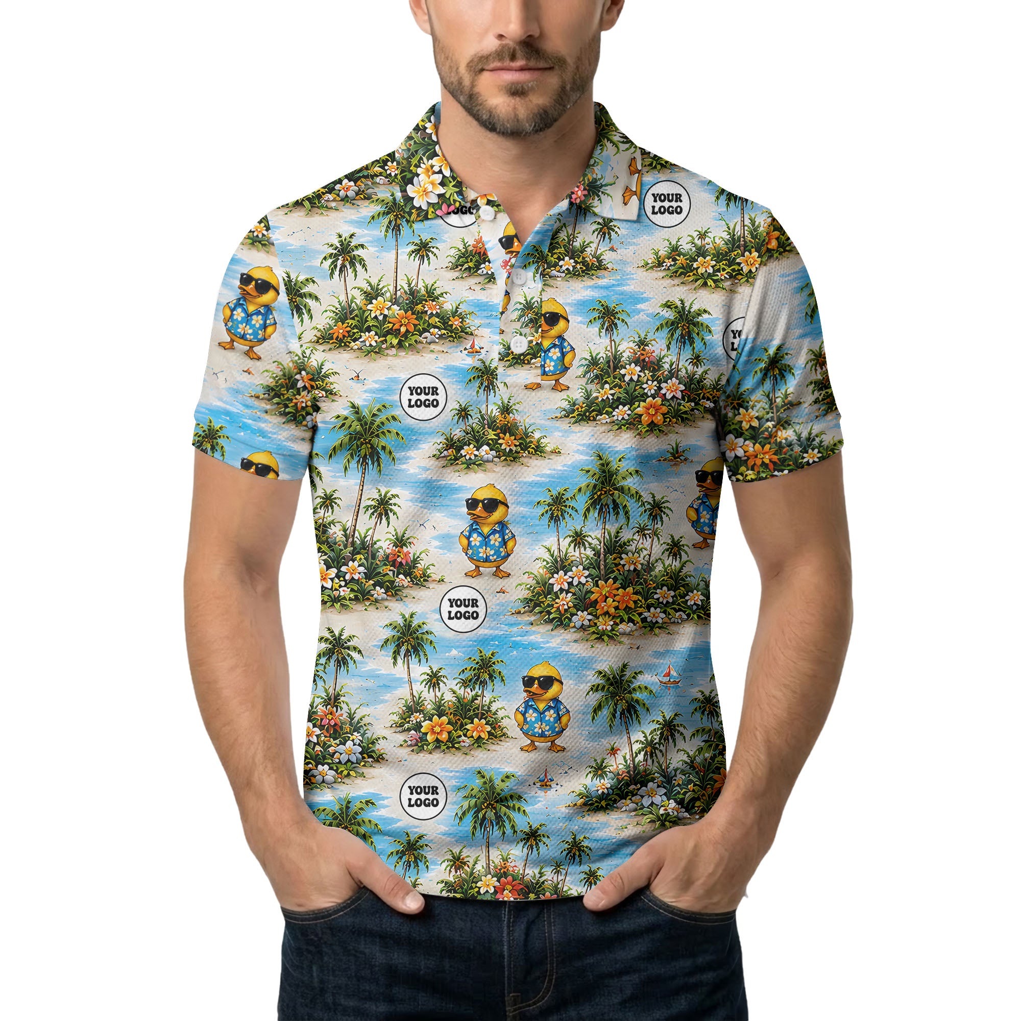 cartoon ducks & palm trees beach vacation polo shirt