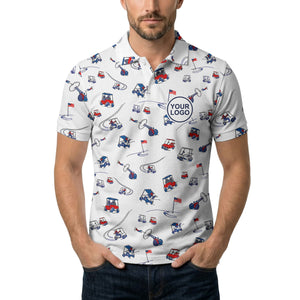 cartoon golf carts clubs flags repeating polo shirt for men