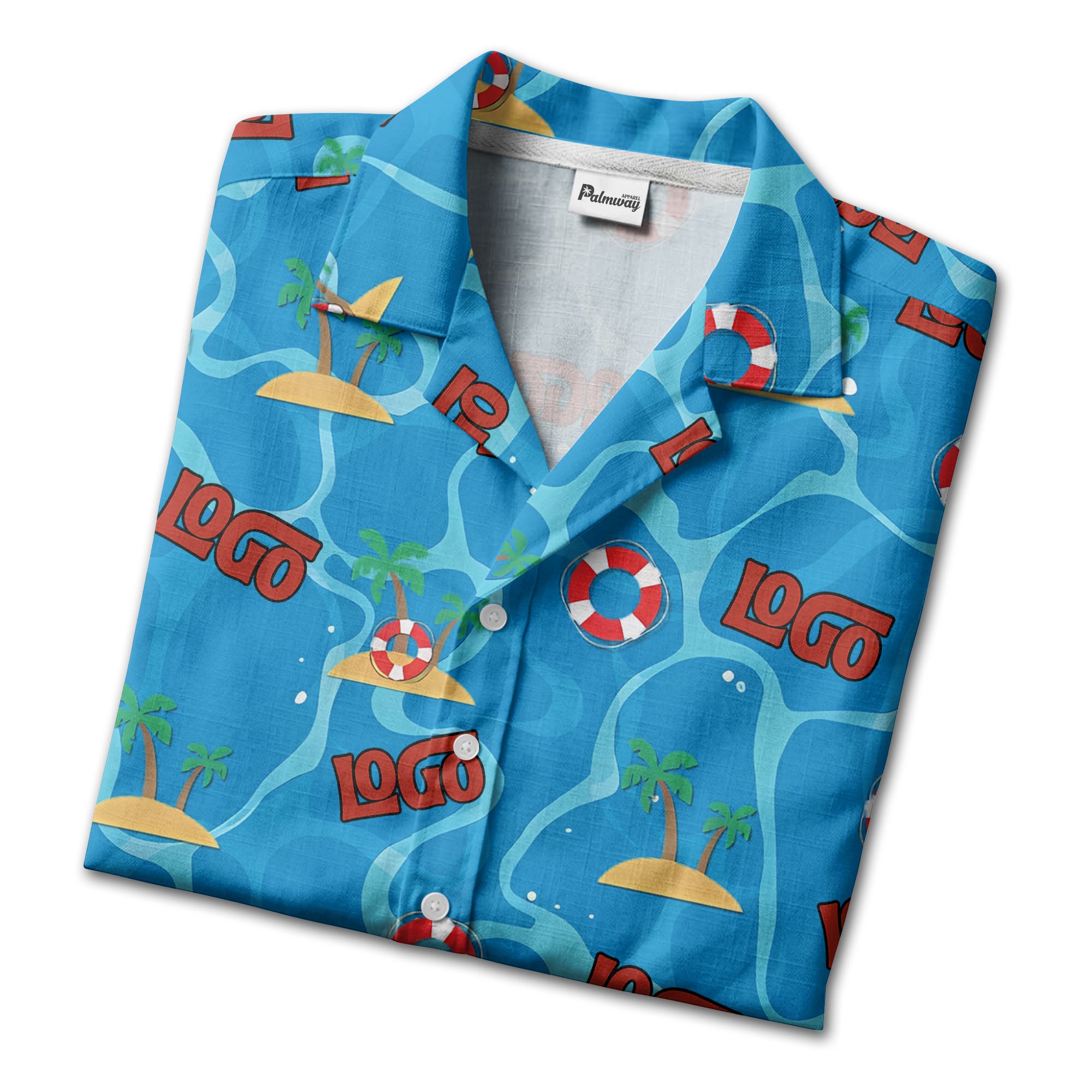 cartoon lifebuoy & palm tree island oasis hawaiian shirt for men