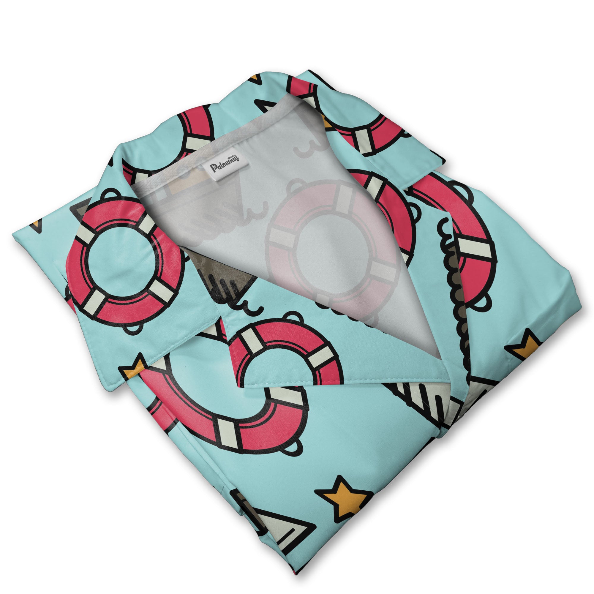 Cartoon Sailboat & Lifebuoy Hawaiian Shirt – Nautical Ocean Wave Pattern