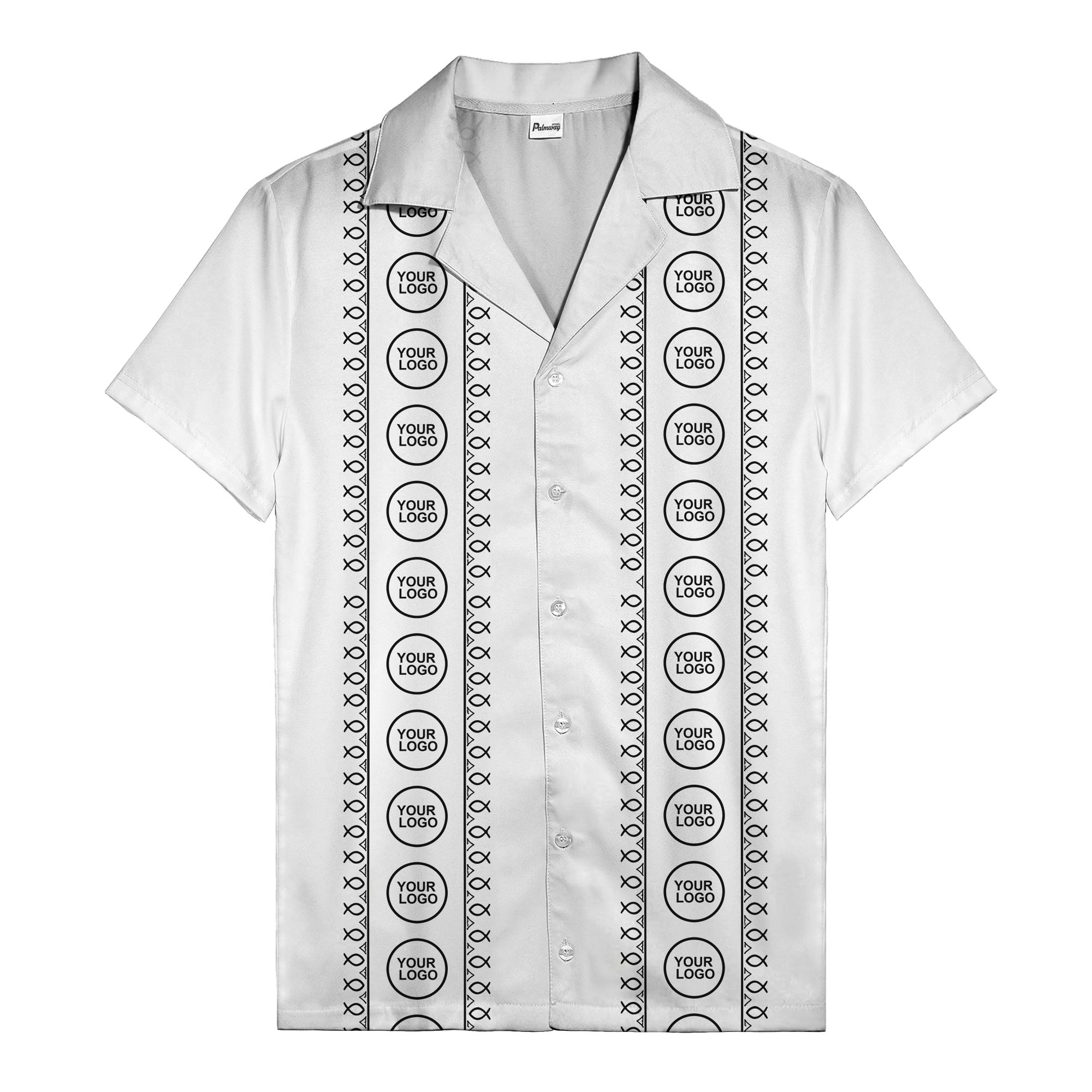 circular logo & fish symbols black hawaiian shirt for men