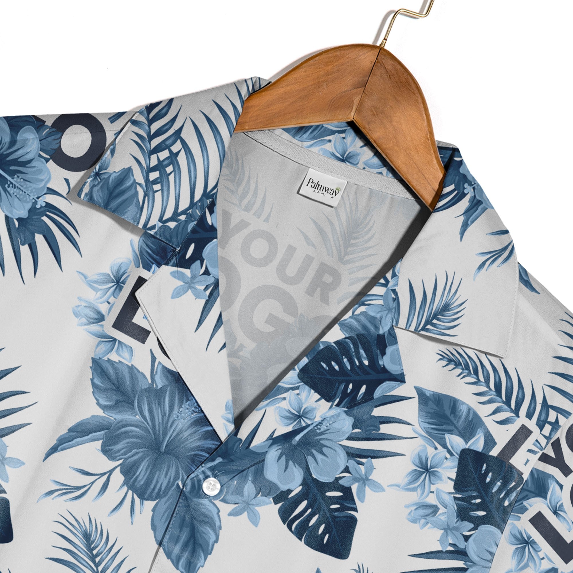 Clean White Corporate Hawaiian Shirt with Monstera Leaf Logo Design