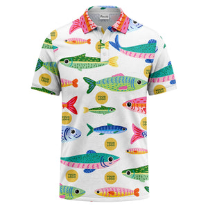 colorful cartoon fish & custom logo repeat all-over print polo shirt