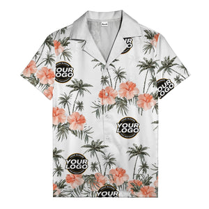coral pink hibiscus & palm trees on black hawaiian shirt for men