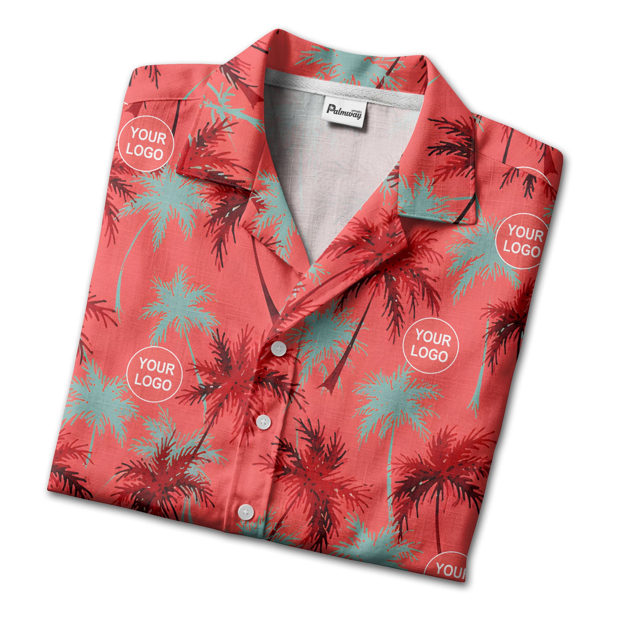 coral red watercolor palm trees & custom logos hawaiian shirt