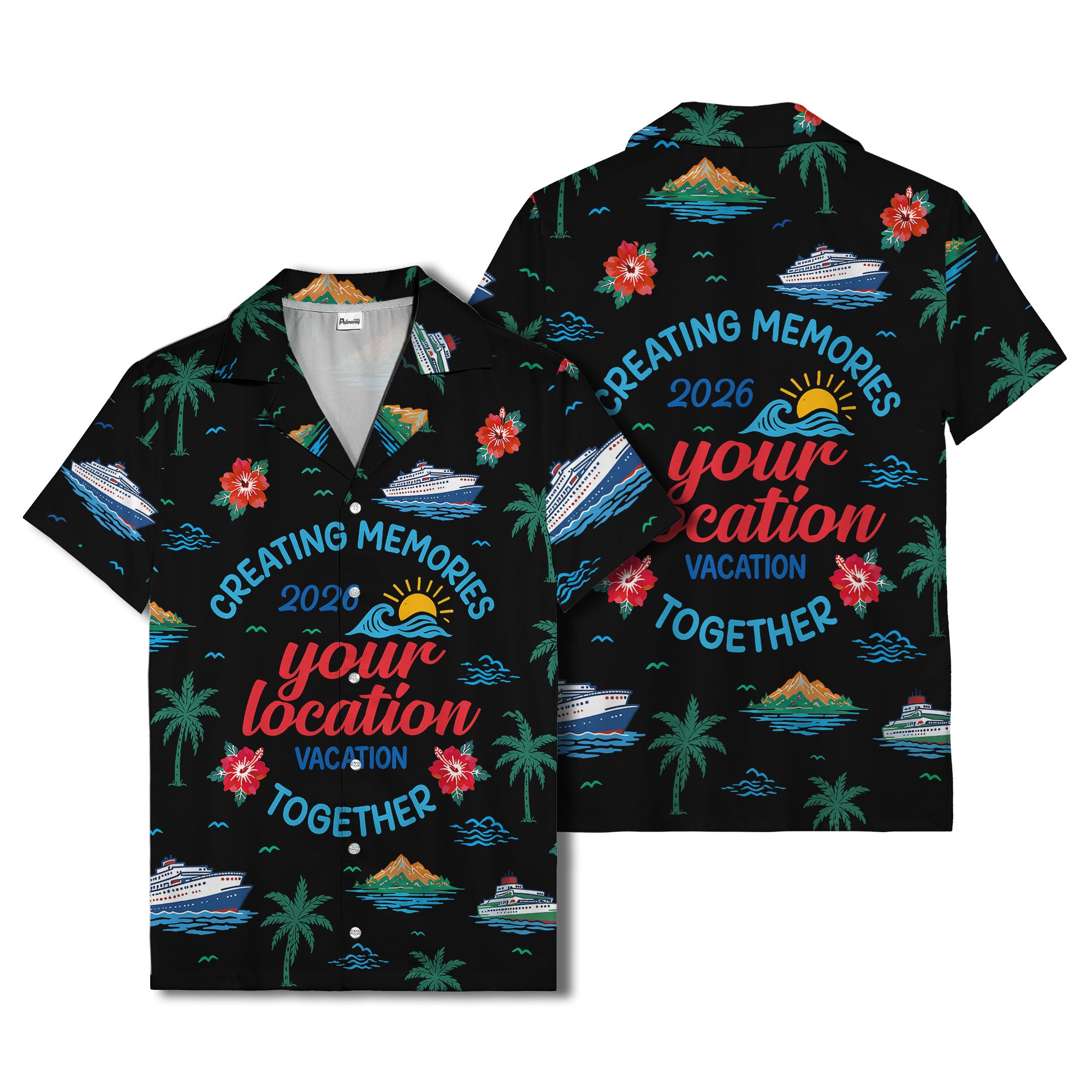 cruise ship & palm fronds watercolor vacation memories hawaiian shirt