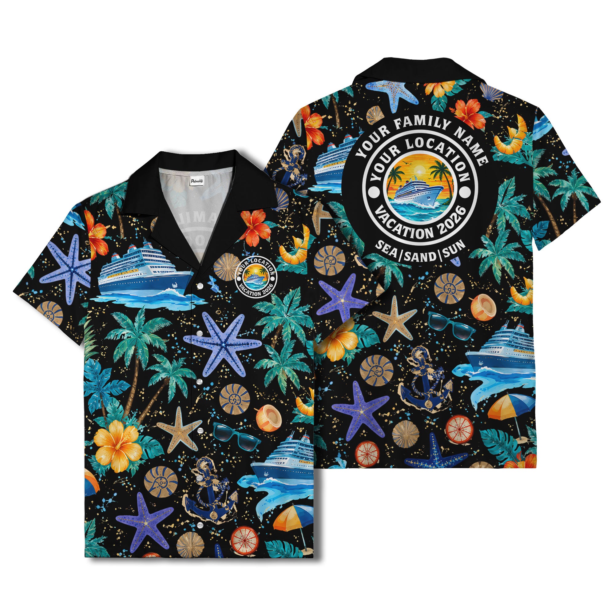 cruise ship palm trees starfish watercolor hawaiian shirt