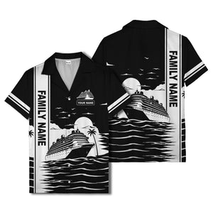 cruise ship silhouette sunset palm trees hawaiian shirt