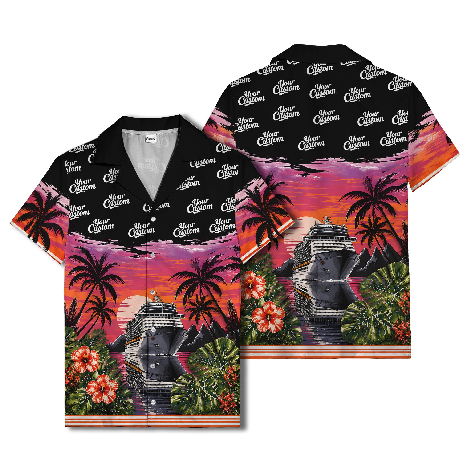 cruise ship sunset palm trees hibiscus flowers hawaiian shirt for men