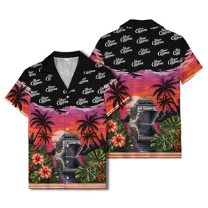 cruise ship sunset palm trees hibiscus flowers hawaiian shirt for men