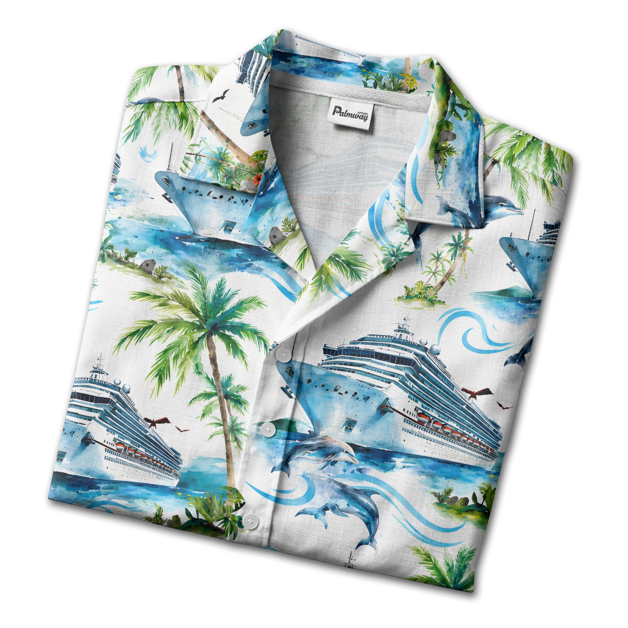 cruise ships dolphins & palm tree watercolor hawaiian shirt