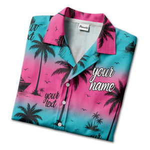 cruise ships & palm trees sunset coral pink hawaiian shirt