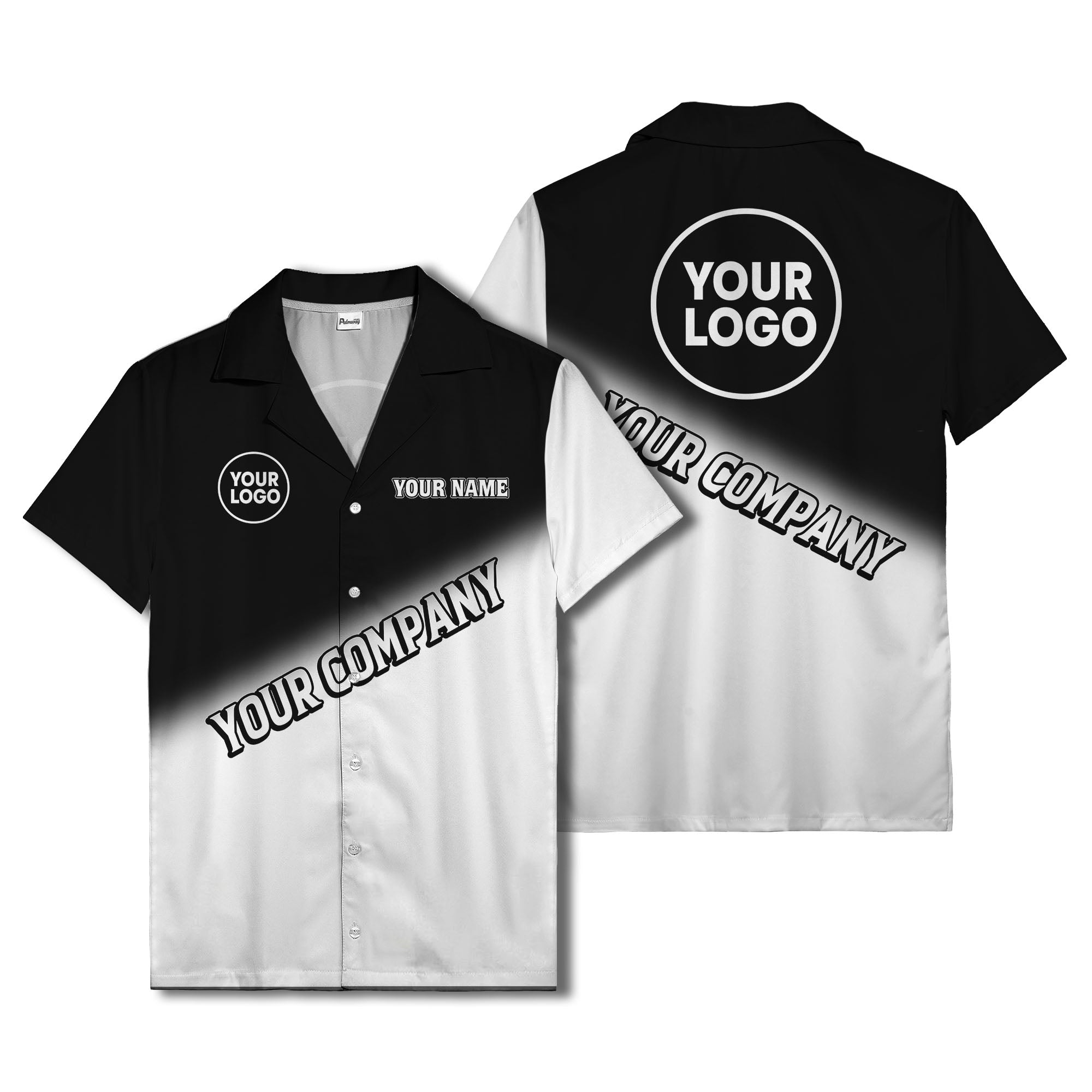 custom logo gradient black white corporate hawaiian shirt