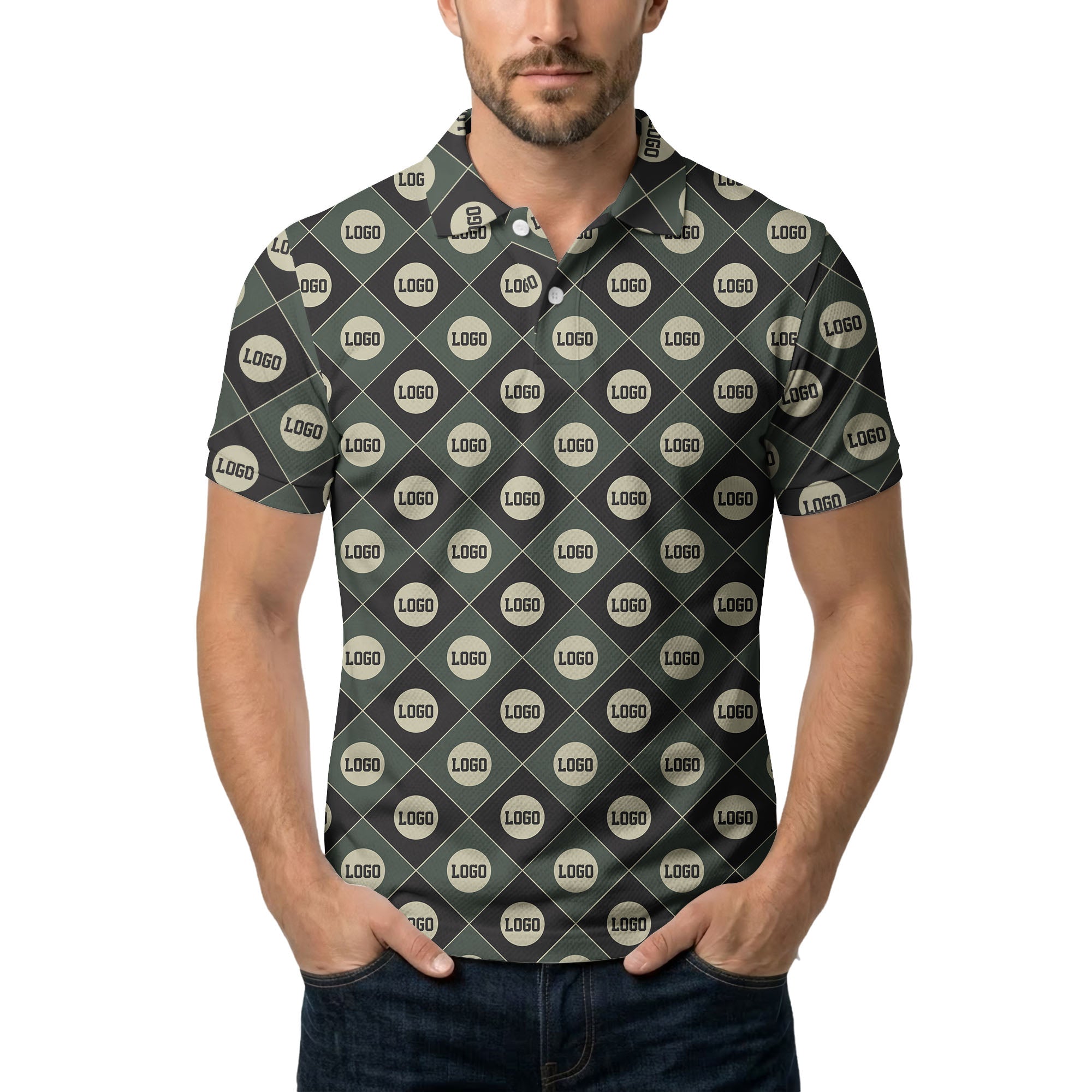 custom multi color geometric logo pattern polo shirt with diamond shapes branding design hawaiian shirt