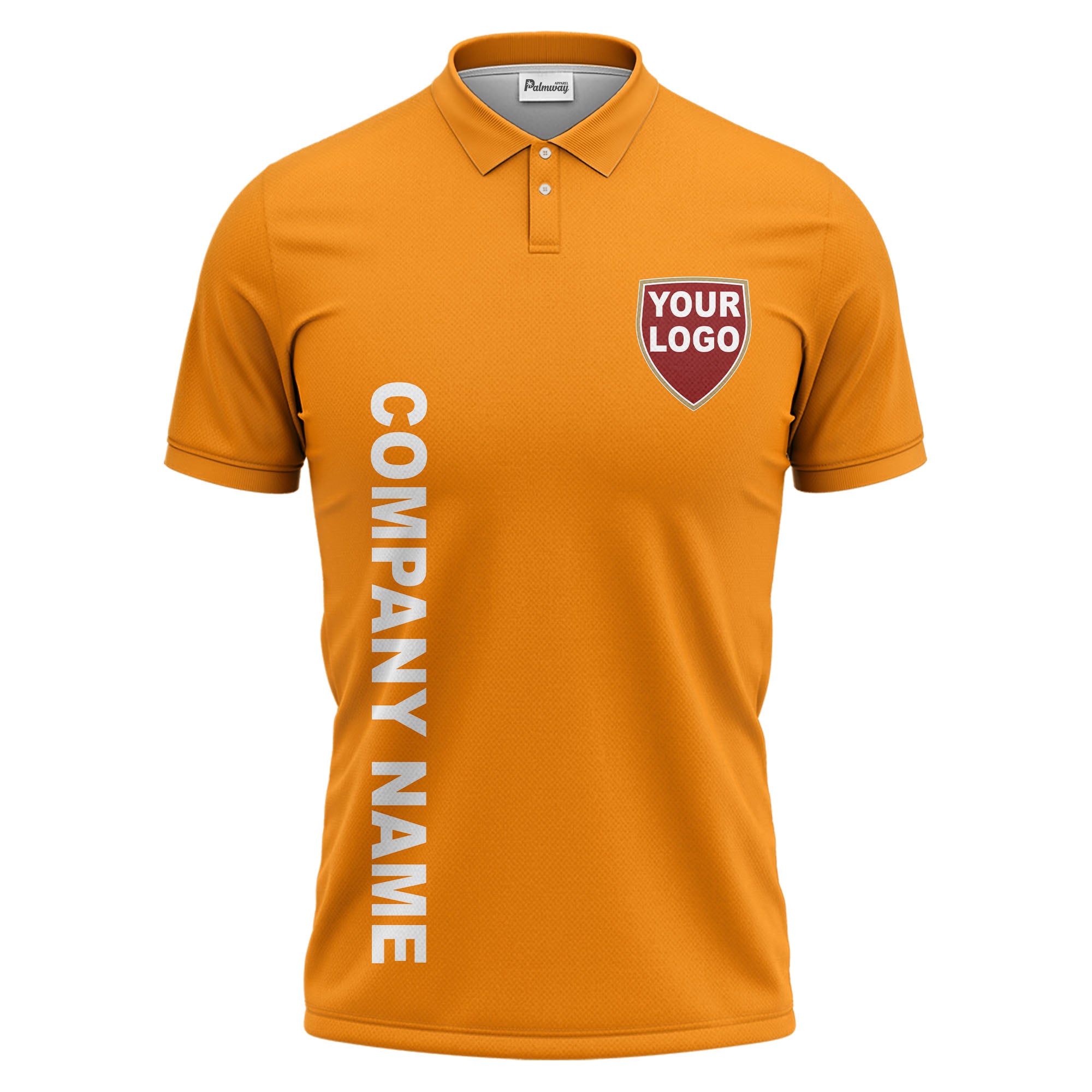 custom shield logo vertical text corporate branded polo shirt