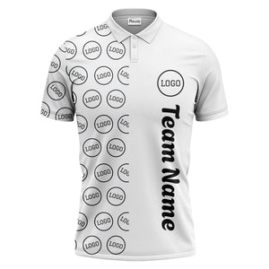 custom team logo polka dot repeat black & white polo shirt for men