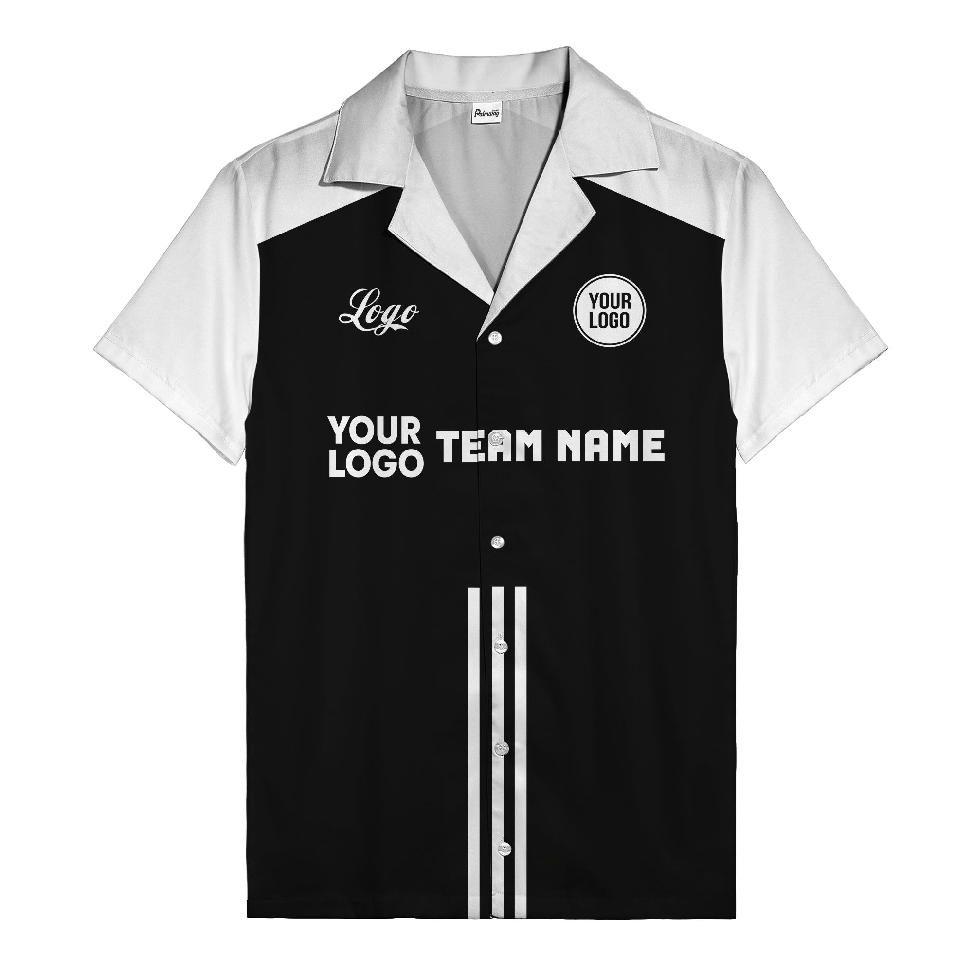 customizable black white bowling team logo & name hawaiian shirt for men