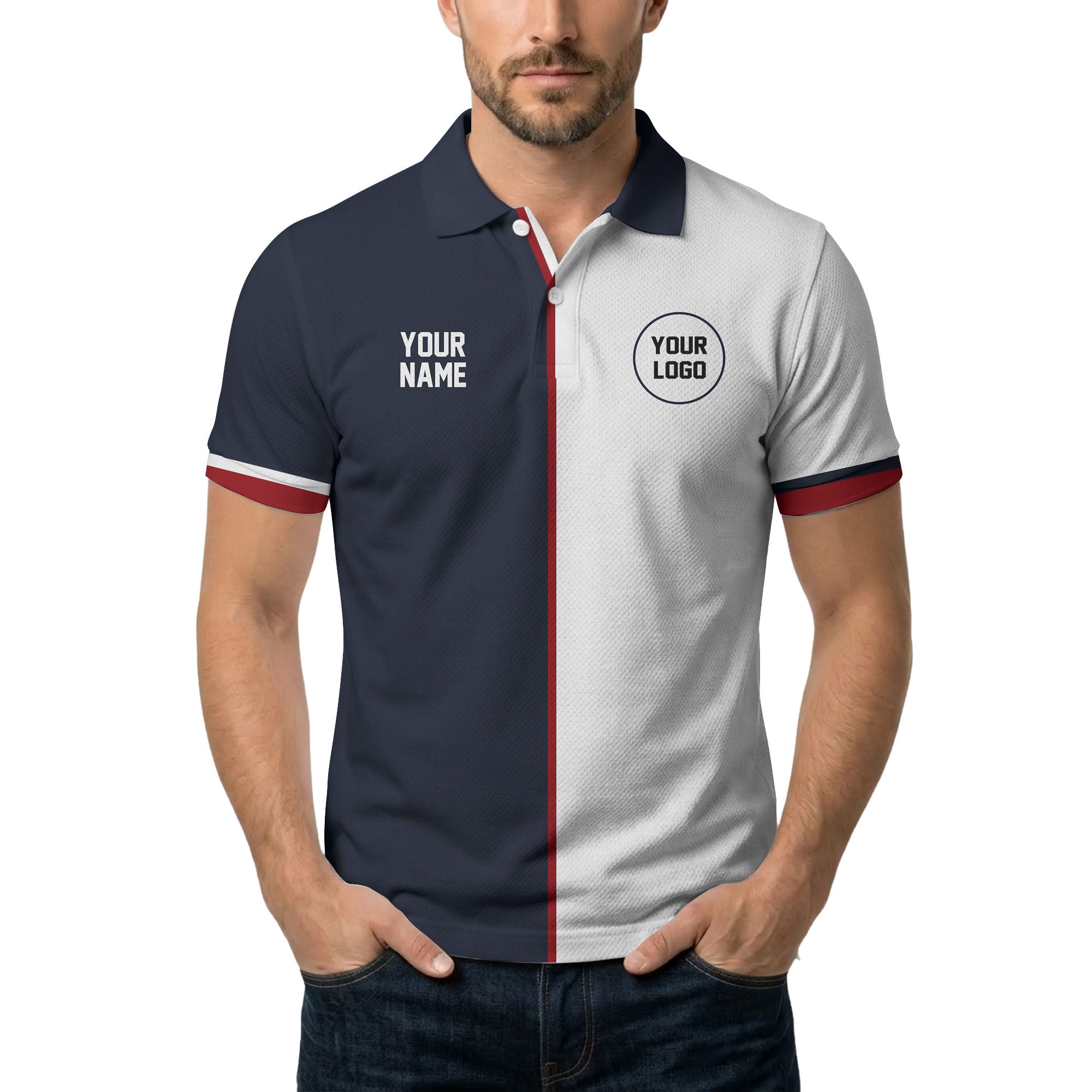 customizable name & logo circle navy white red golf polo shirt
