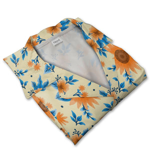 Decorative Orange Sunflower Hawaiian Shirt with Blue Leaves on Yellow