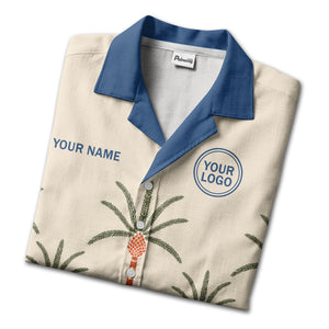 desert oasis palm trees sunset hills illustrated hawaiian shirt