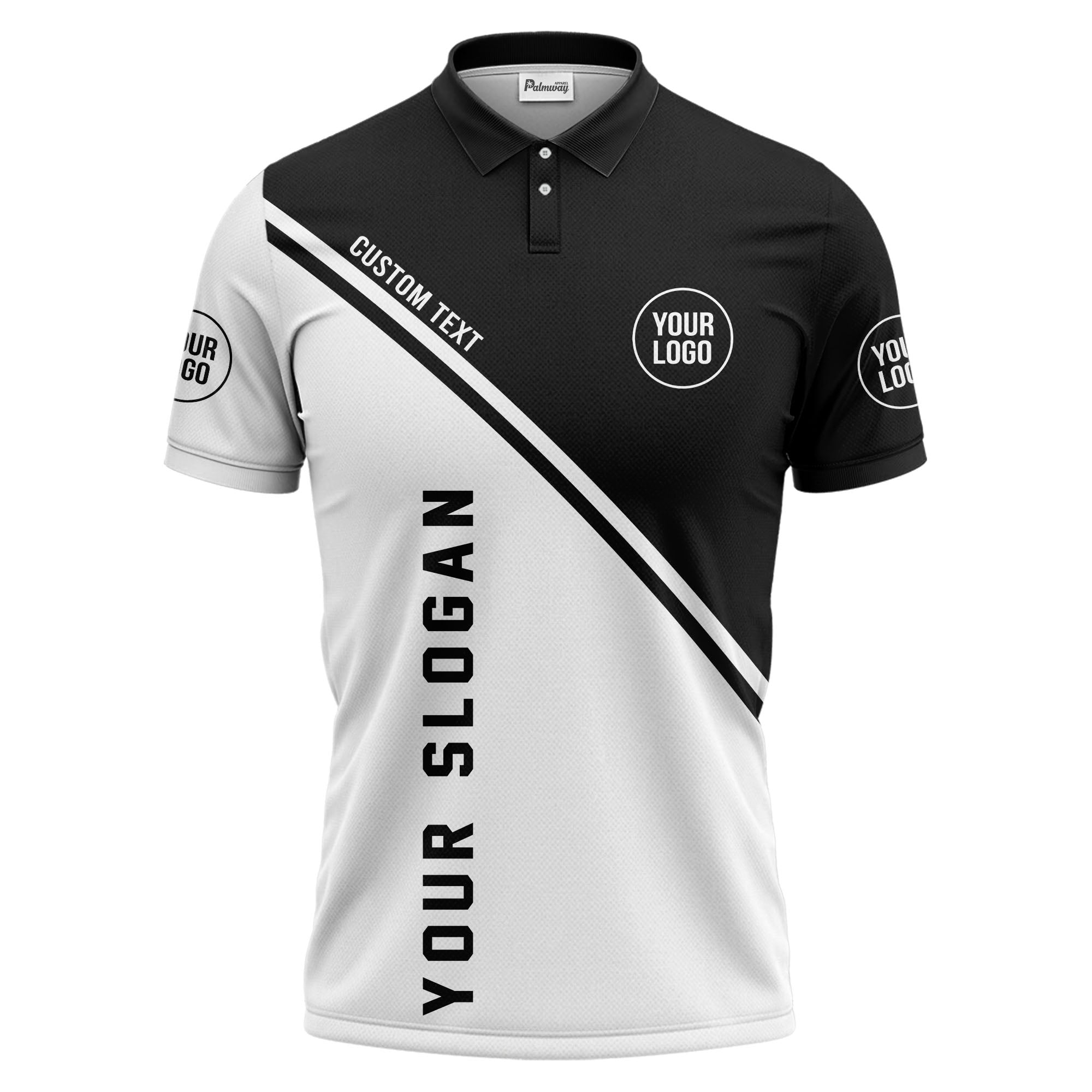 diagonal stripe & custom logo black white polo shirt for men