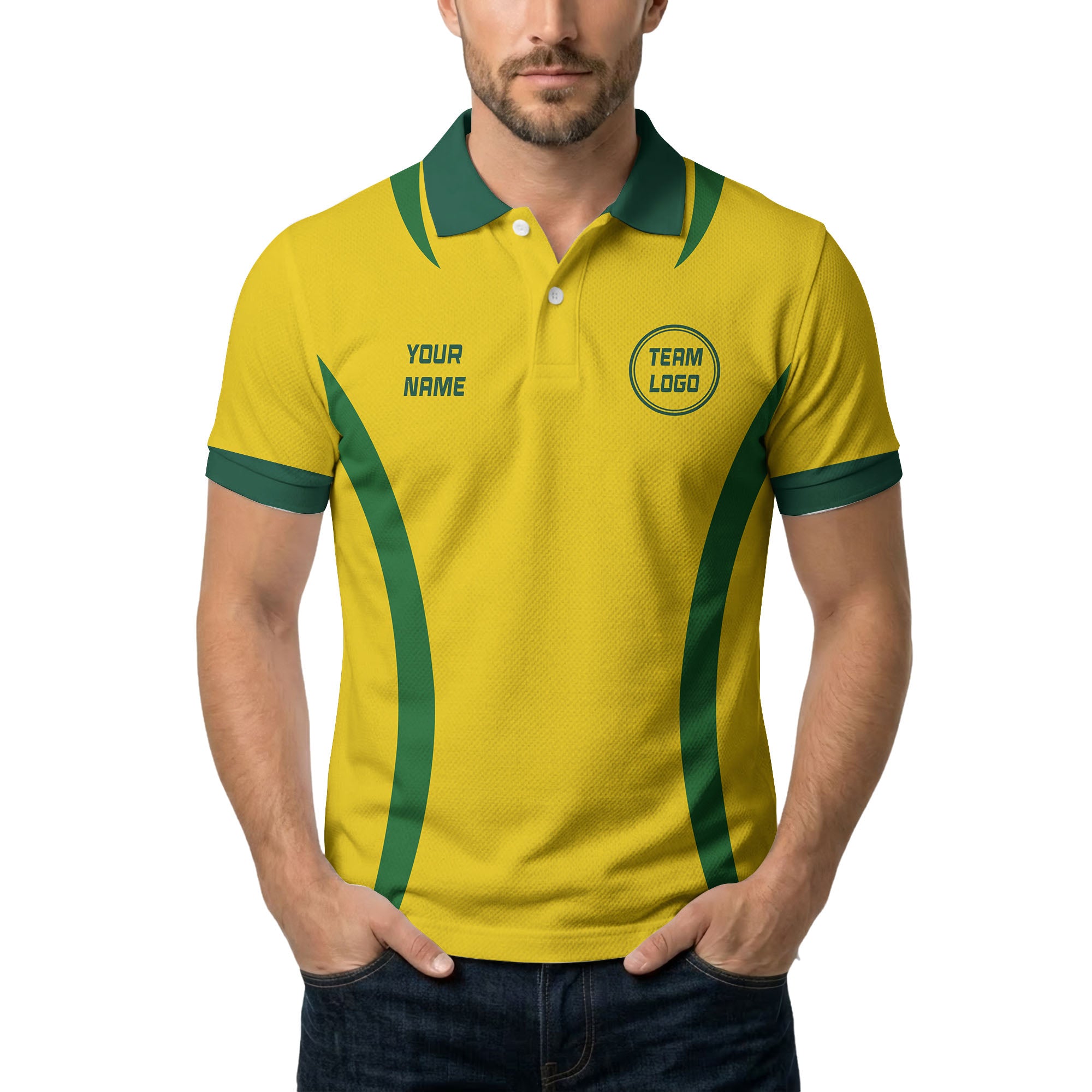 diagonal stripe yellow green team name polo shirt