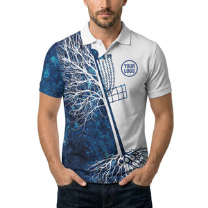 disc golf basket with blue hexagon roots pattern polo shirt for men