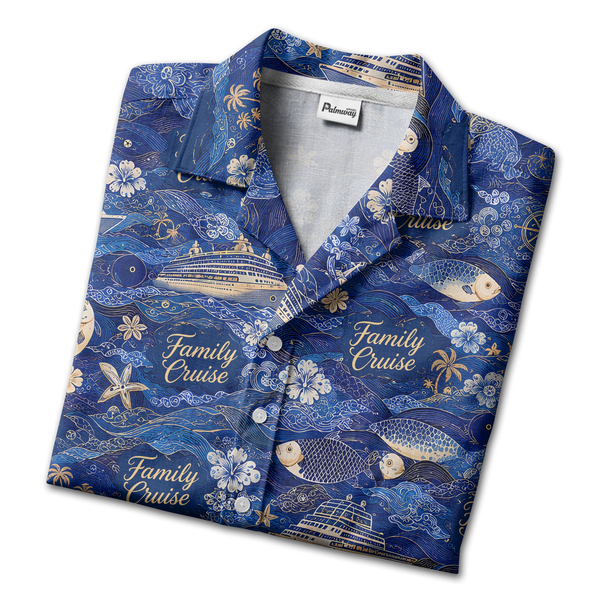 family cruise ships & leaping fish ocean waves hawaiian shirt