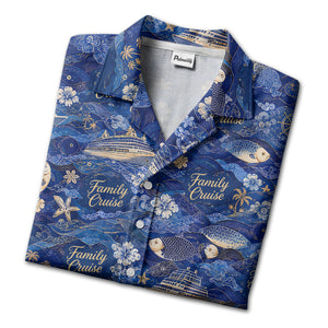 family cruise ships & leaping fish ocean waves hawaiian shirt