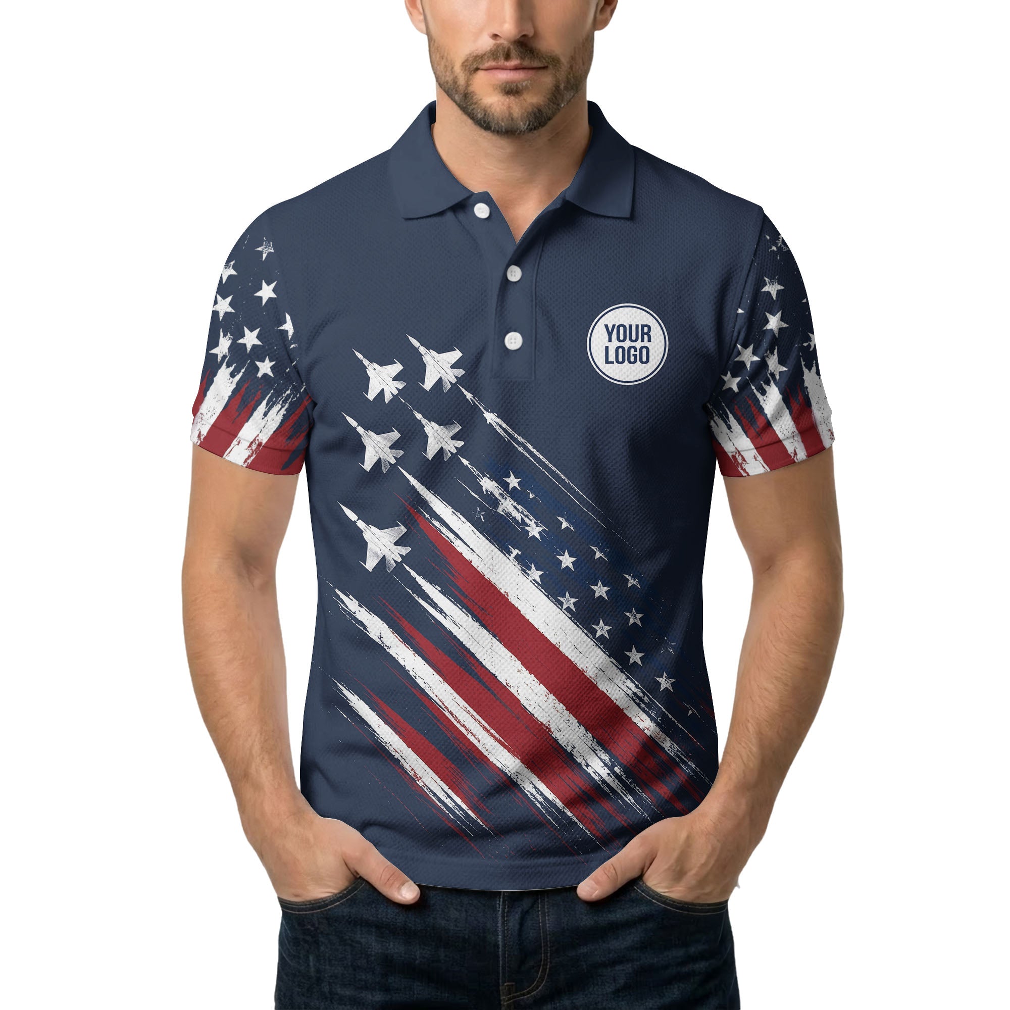 fighter jets & stars diagonal american flag patriotic navy blue polo shirt